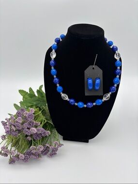 Vintage Blue Jewelry Bundle Clip On Earrings Necklace Set Beaded Statement